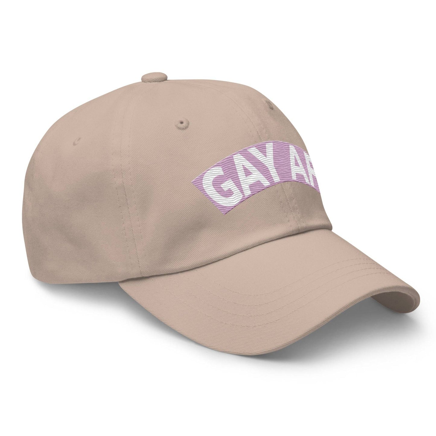 Introducing the Gay AF Cap by Pridelity: a stylish black cap that features "GAY AF" embroidered in white on a pink and white striped background, making it the perfect accessory to complement pride outfits.