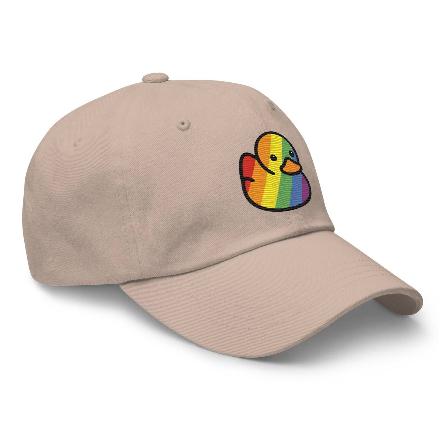 Introducing the Pride Duck Cap by Pridelity: a stylish black baseball cap adorned with an embroidered rainbow-patterned rubber duck, making it an ideal accessory for pride outfits. The vibrant design stands out beautifully against the solid black fabric, perfectly positioned at the center front of the cap.