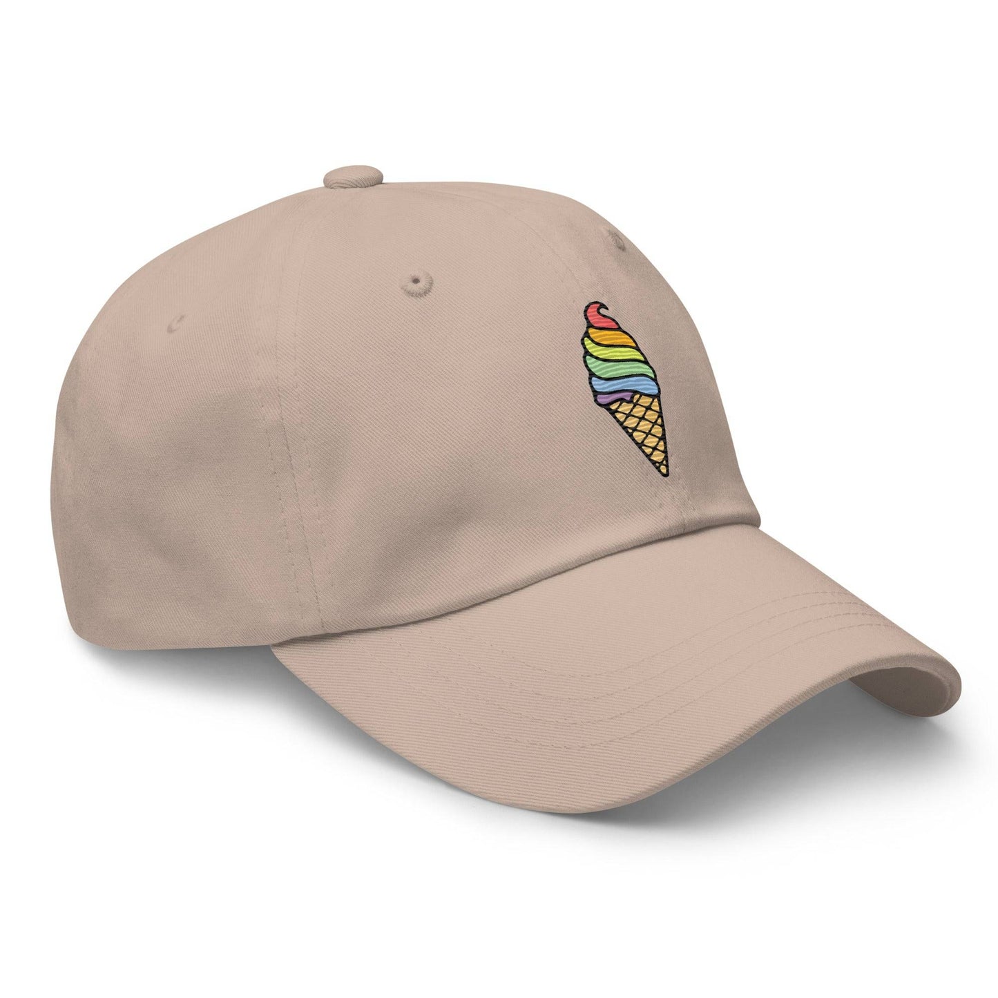 The Ice Cream Pride Cap by Pridelity is a black baseball cap featuring a vibrant embroidered ice cream cone with rainbow-colored swirls, making it an ideal accessory for pride outfits.