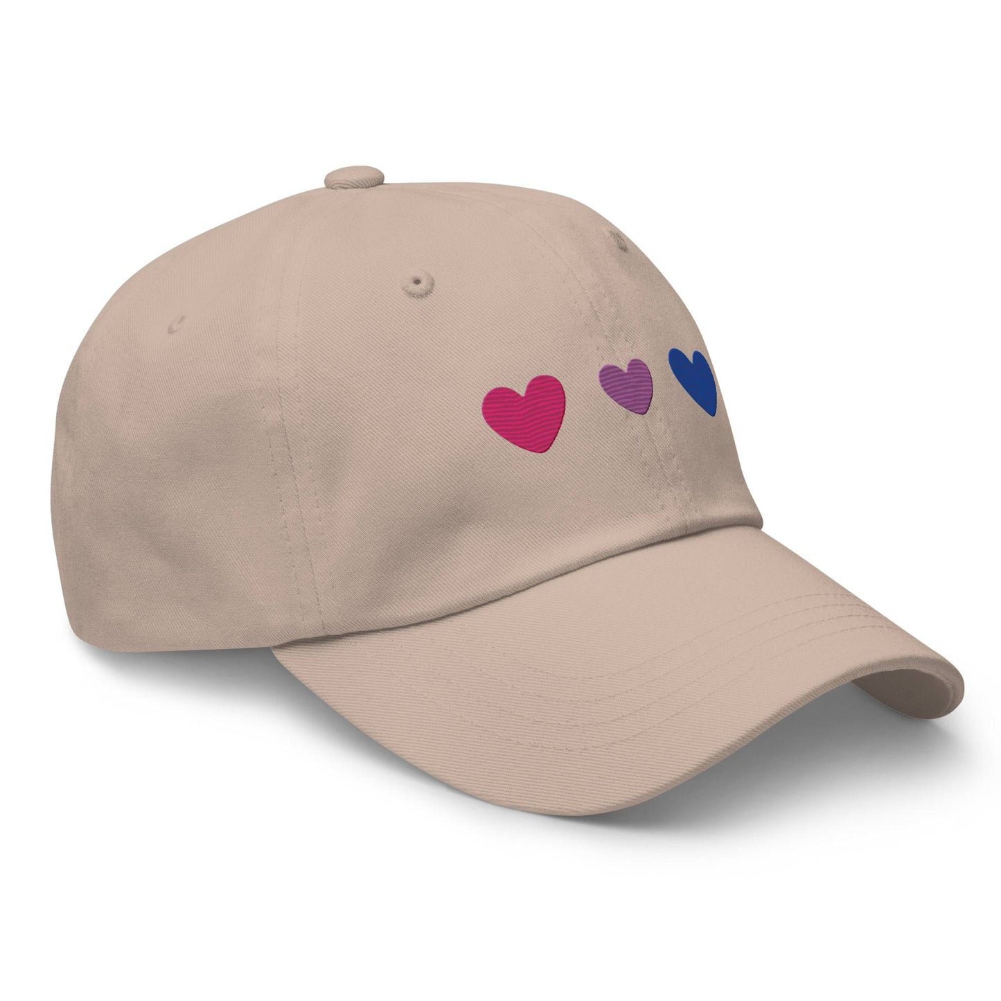 Introducing the Bisexual Hearts Cap by Pridelity, a black baseball cap from our Pride Collections featuring three embroidered hearts in a row on the front, colored pink, purple, and blue from left to right.