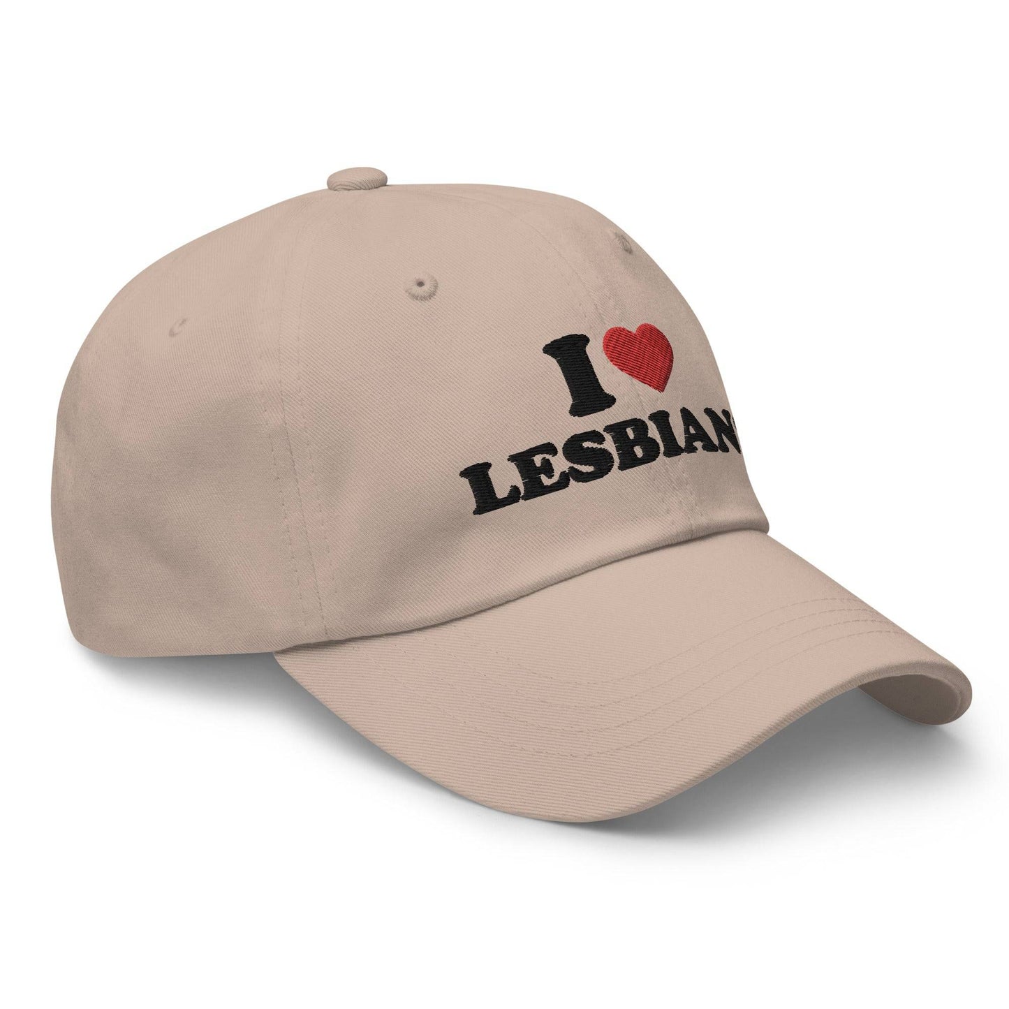 A pink "I Love Lesbians" cap by Pridelity, ideal for complementing your pride outfits.