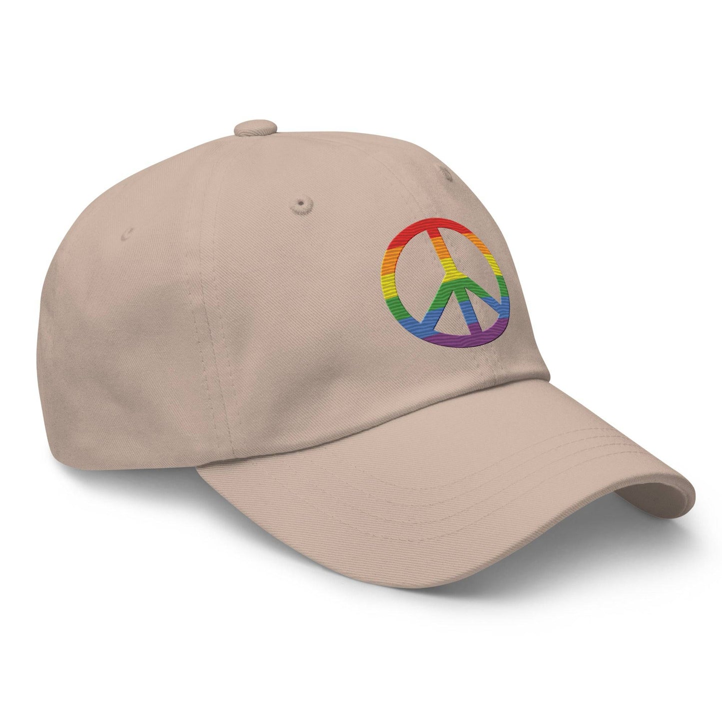 The "Peace Cap" by Pridelity is a black baseball cap ideal for pride outfits, featuring a rainbow-colored peace sign on the front.