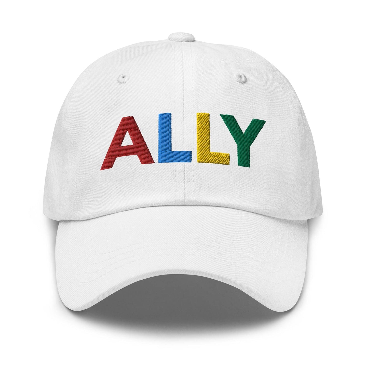 The Ally Cap by Pridelity in pink showcases the word "ALLY" beautifully embroidered in vibrant, multicolored letters: red, blue, yellow, and green.