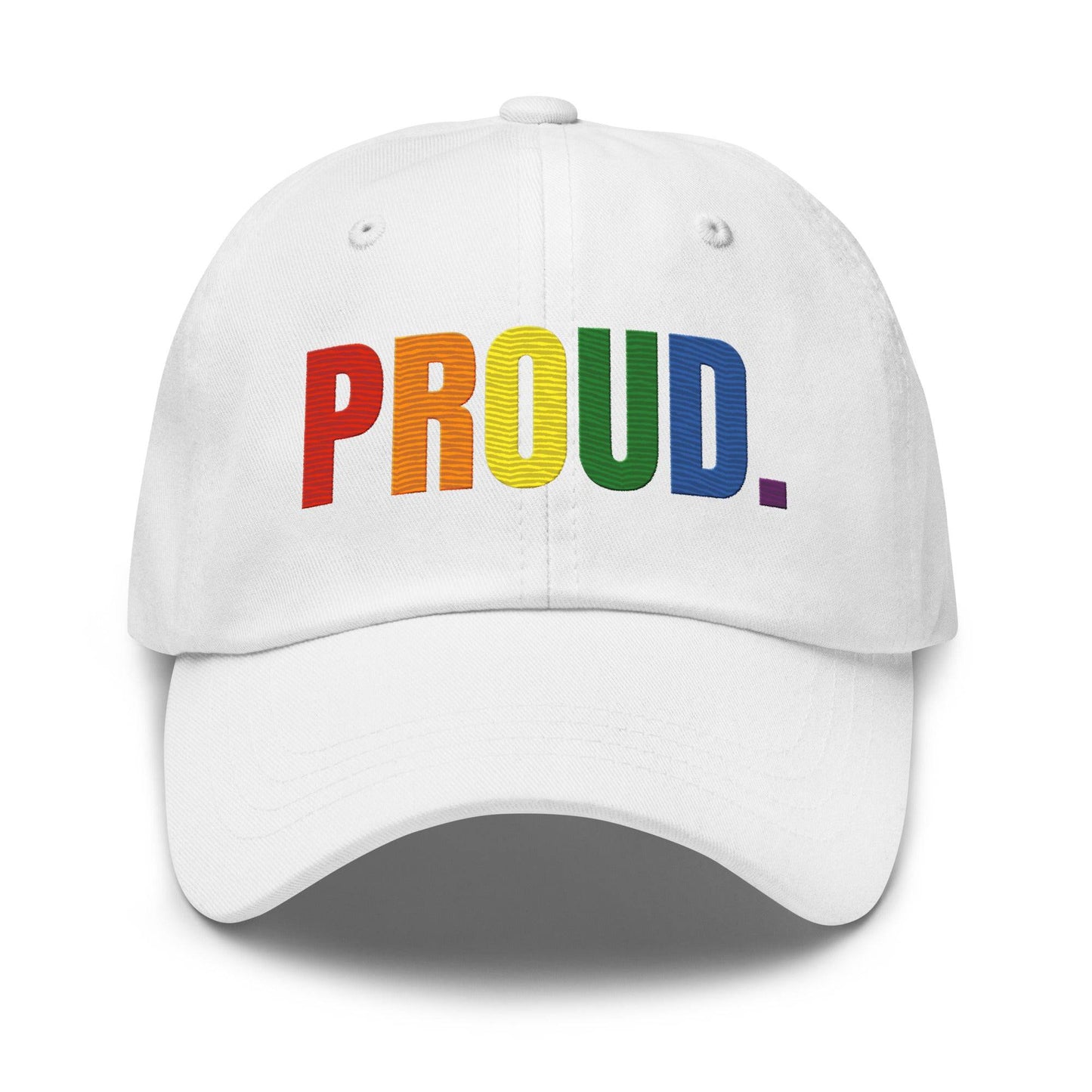 Check out the Proud. Cap by Pridelity—it's a stylish black cap featuring "PROUD." embroidered in vibrant rainbow colors, making it an ideal accessory to enhance any pride outfit.