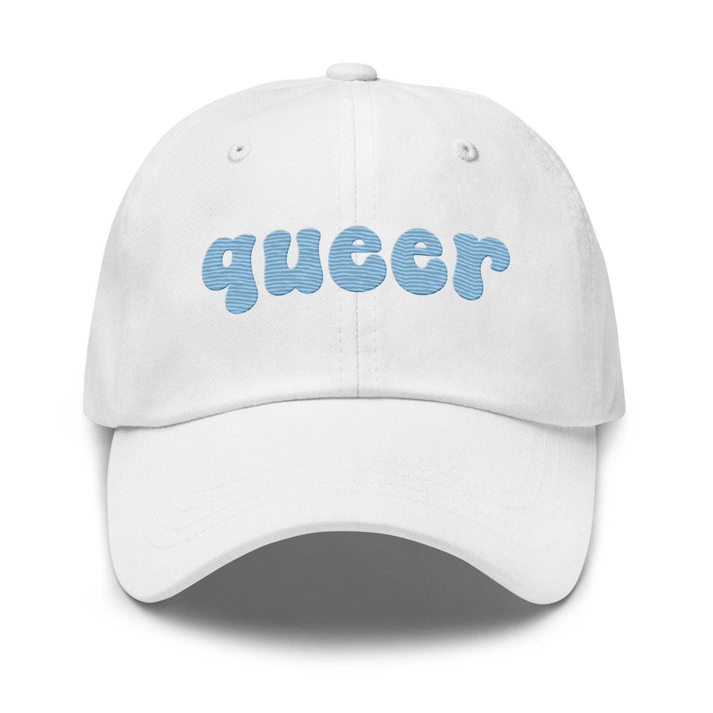 Introducing the Queer Cap by Pridelity, a black baseball cap with "queer" elegantly embroidered in light blue bold, rounded letters on the front. Perfect for pride outfits, it features a curved brim and top ventilation eyelets for added comfort.