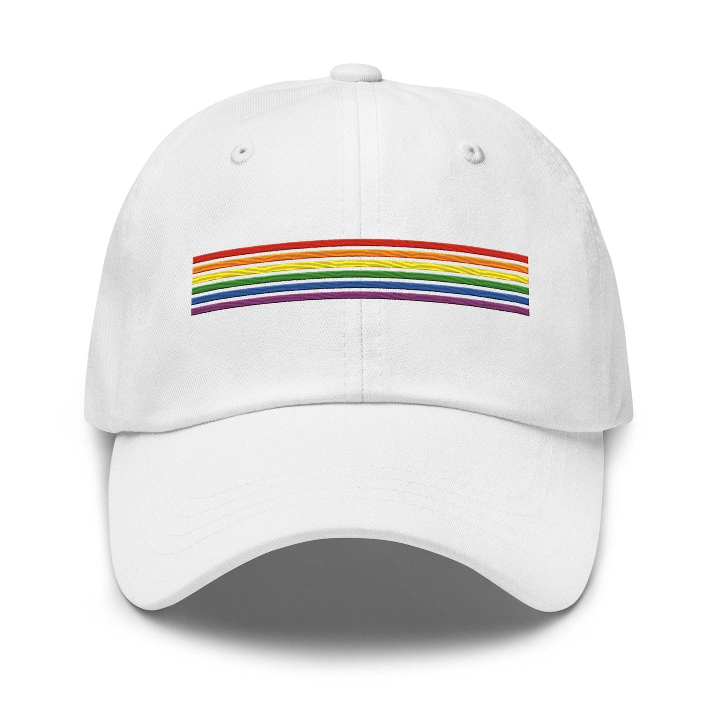 Introducing the Rainbow Stripes Cap by Pridelity: a black baseball cap adorned with a horizontal rainbow stripe, perfect for pride outfits. The vibrant colors pop against the dark fabric, making it a standout piece. Set against a white background, this cap is the ideal accessory to celebrate inclusivity and style.