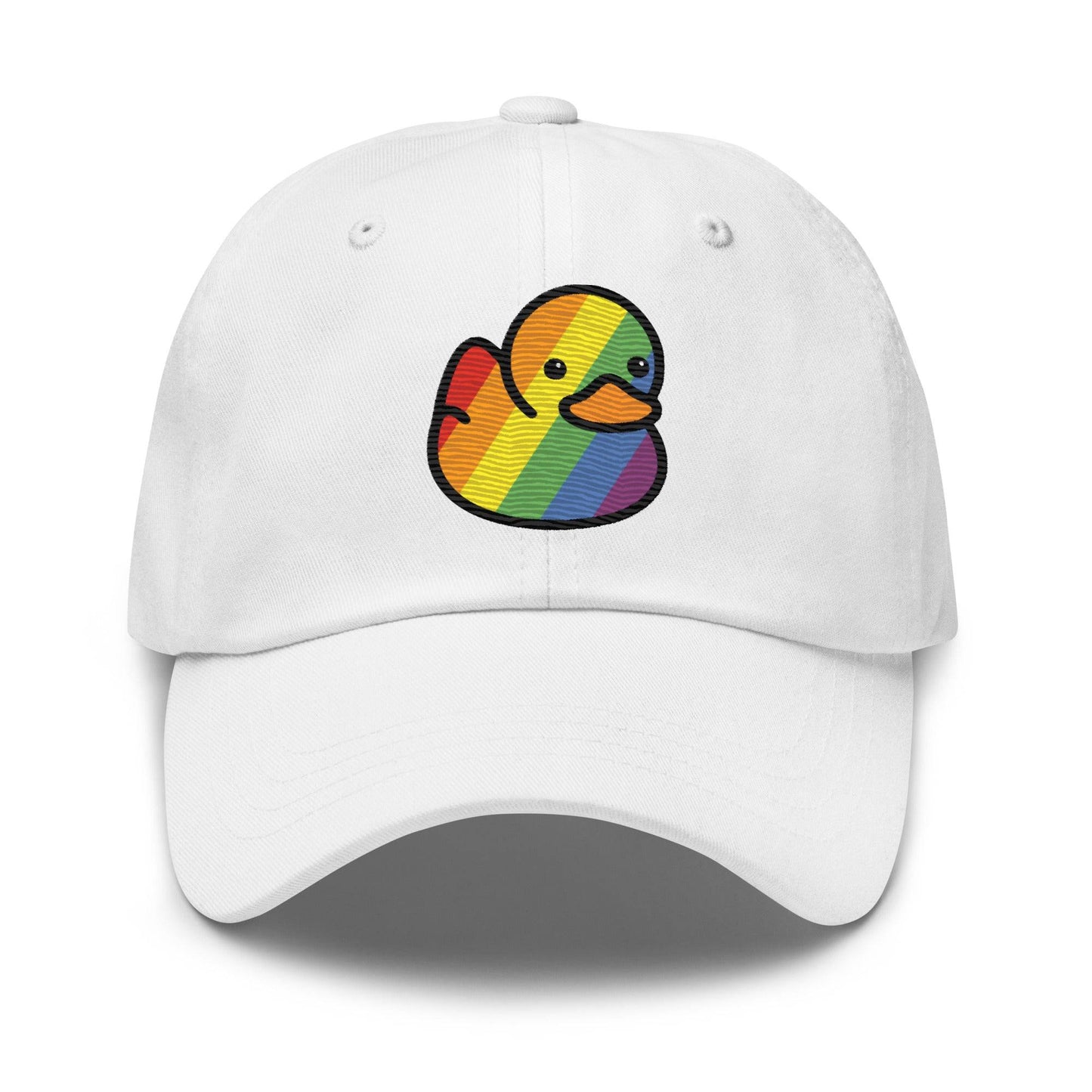 Introducing the Pride Duck Cap by Pridelity: a stylish black baseball cap adorned with an embroidered rainbow-patterned rubber duck, making it an ideal accessory for pride outfits. The vibrant design stands out beautifully against the solid black fabric, perfectly positioned at the center front of the cap.