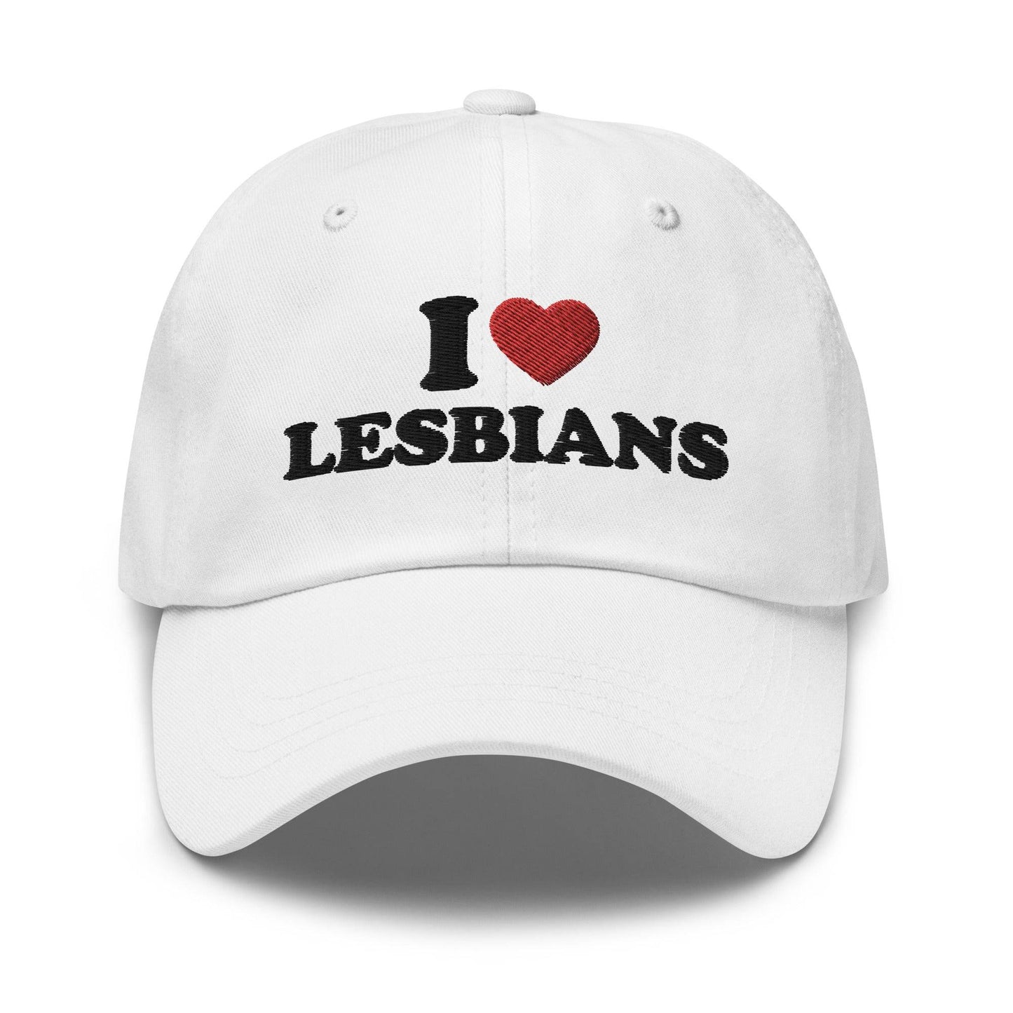 A pink "I Love Lesbians" cap by Pridelity, ideal for complementing your pride outfits.