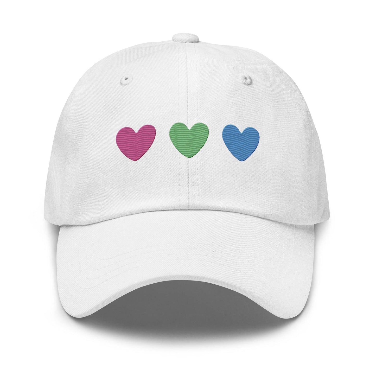 The Polysexual Hearts Cap by Pridelity is a black baseball cap ideal for pride outfits, featuring three embroidered hearts in pink, green, and blue arranged in a row on the front.