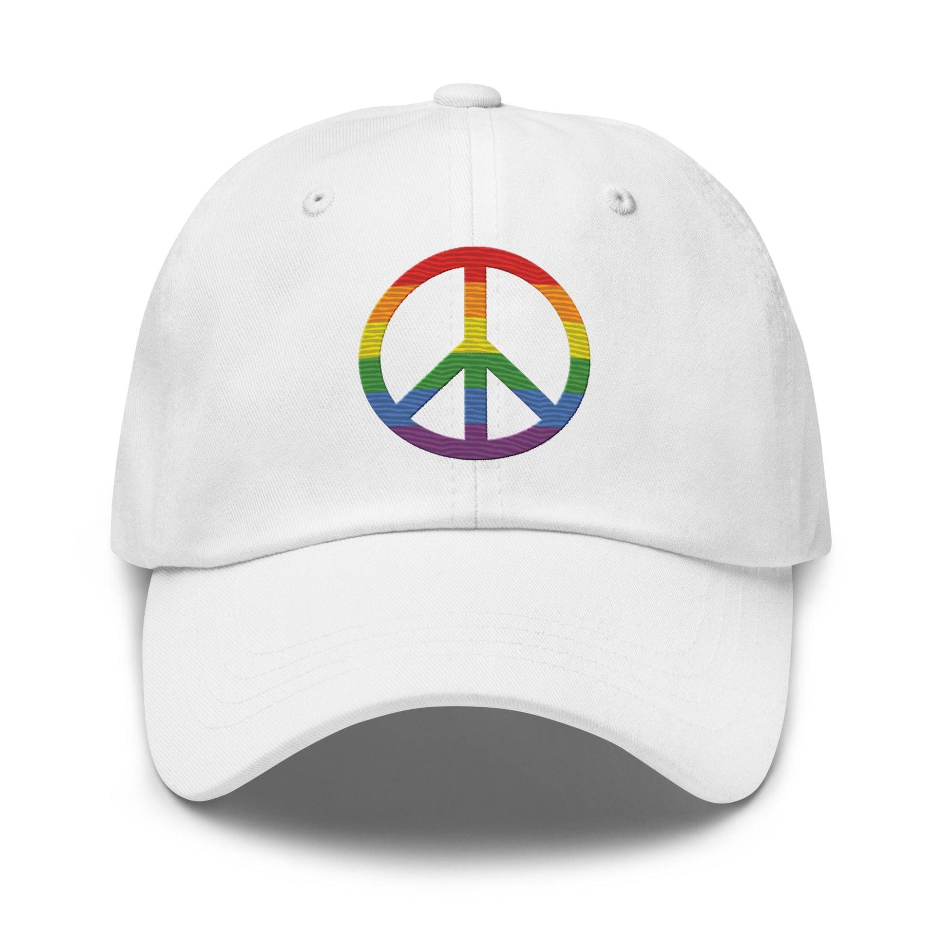 The "Peace Cap" by Pridelity is a black baseball cap ideal for pride outfits, featuring a rainbow-colored peace sign on the front.