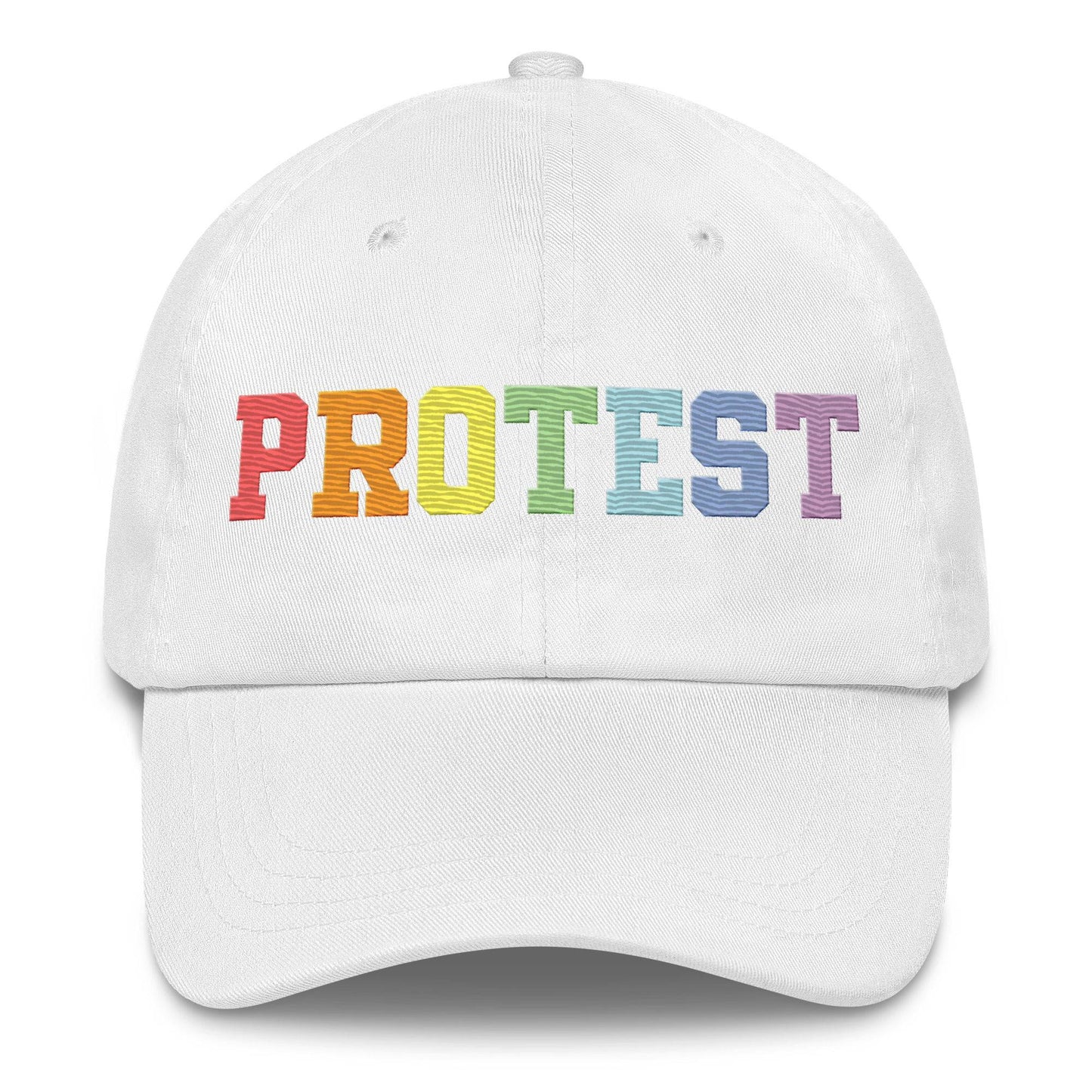 Introducing the Pridelity Protest Cap: A sleek black baseball cap with "PROTEST" intricately embroidered in vibrant rainbow colors on the front, making it an ideal addition to your pride ensemble.