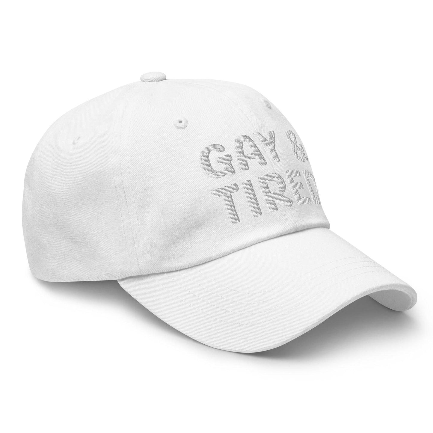 Introducing the Gay & Tired Cap by Pridelity, featuring bold white "GAY & TIRED" embroidery on its sleek black design—an ideal addition to bring both honesty and style to your pride outfits.