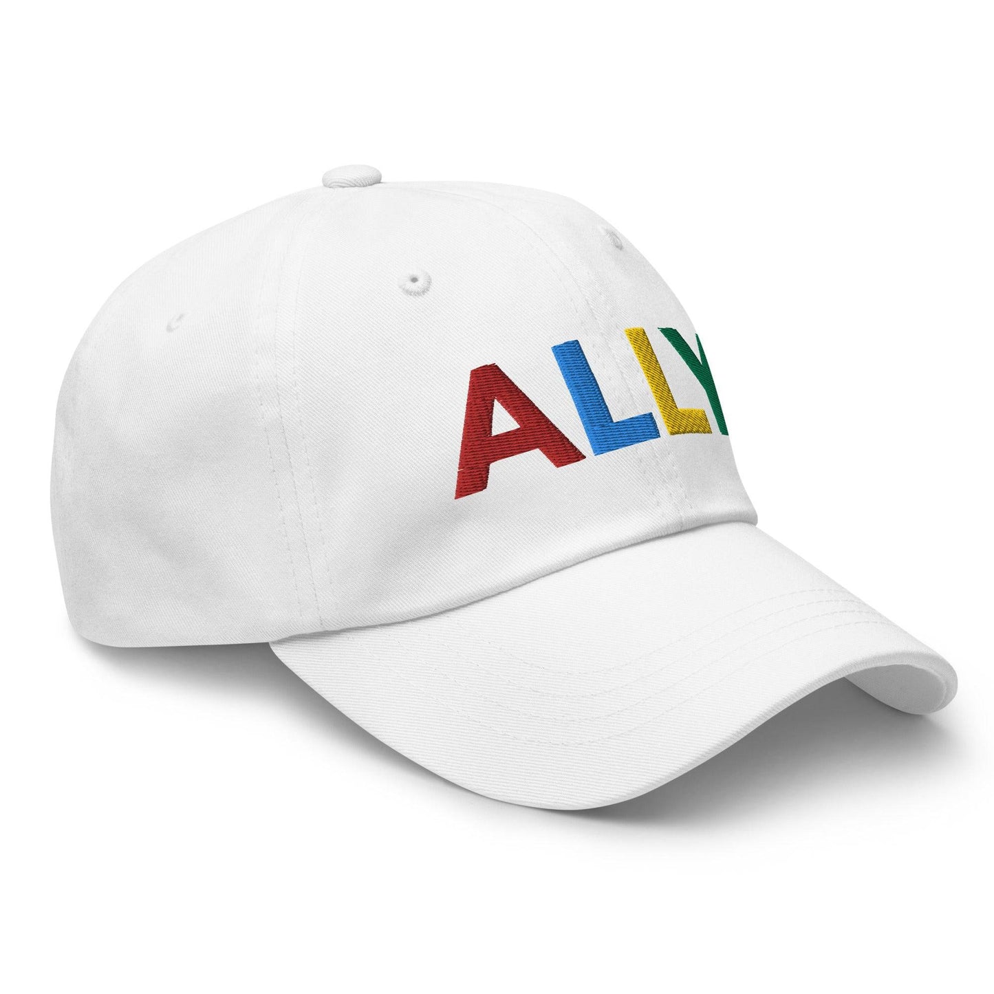 The Ally Cap by Pridelity in pink showcases the word "ALLY" beautifully embroidered in vibrant, multicolored letters: red, blue, yellow, and green.