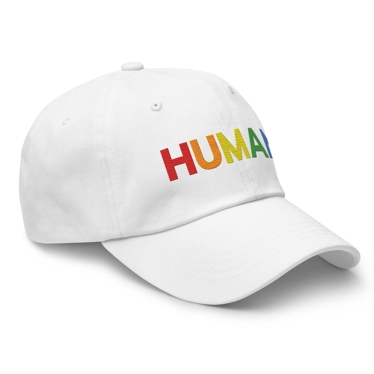 The Pridelity Human Cap is a black baseball hat, ideal for complementing pride ensembles, with the word "HUMAN" embroidered in vibrant rainbow colors on the front.