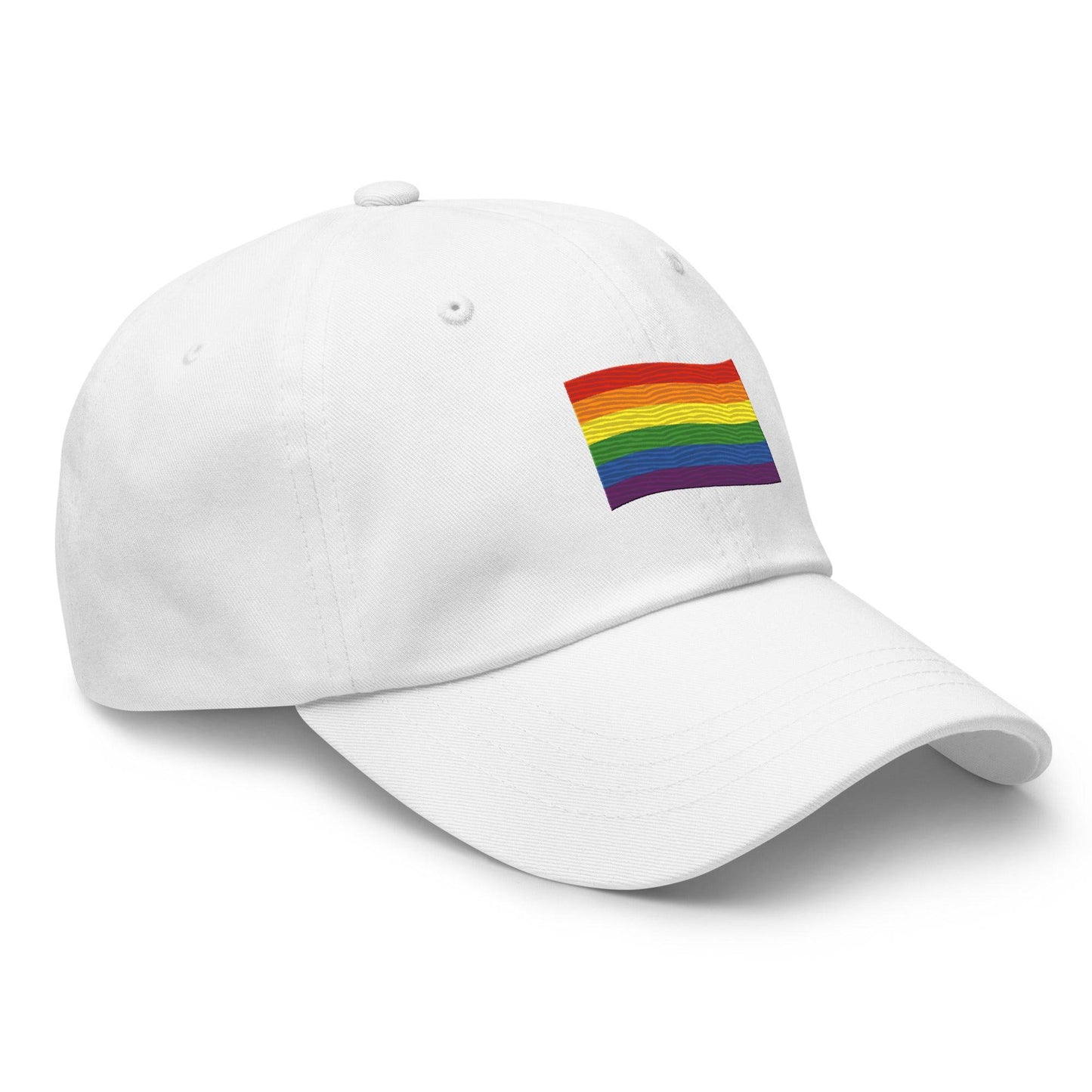 Introducing the Pridelity Pride Flag Cap, a sleek black design featuring a small rainbow flag emblem on the front. It's ideal for adding a touch of pride to your outfits, with the flag's horizontal stripes in red, orange, yellow, green, blue, and purple elegantly representing diversity and inclusion.