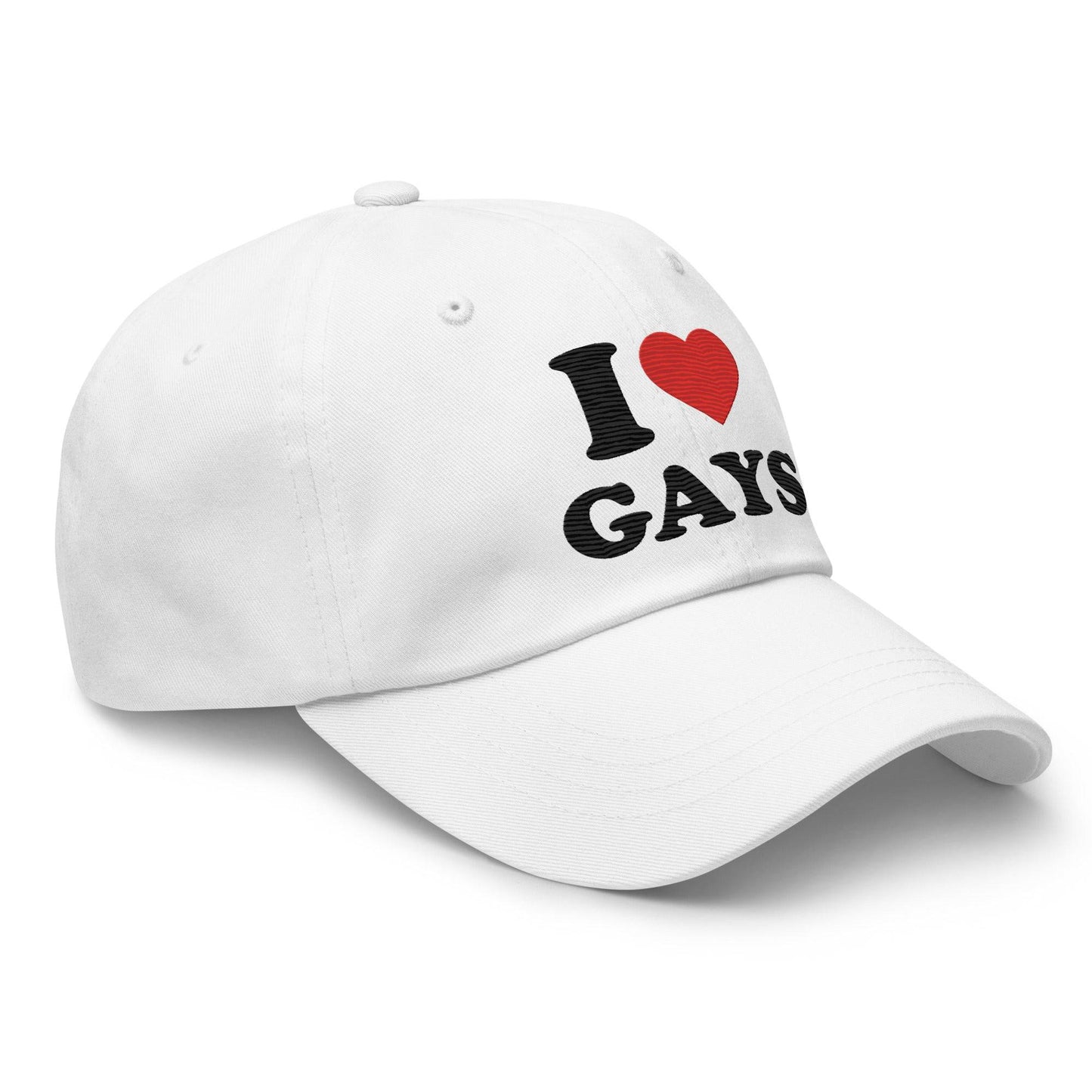 The I Love Gays Cap by Pridelity is a standout piece in pride outfits, showcasing the phrase "I ♥ GAYS" embroidered on its pink fabric. The heart is a vibrant red, with the rest of the message boldly displayed in black.