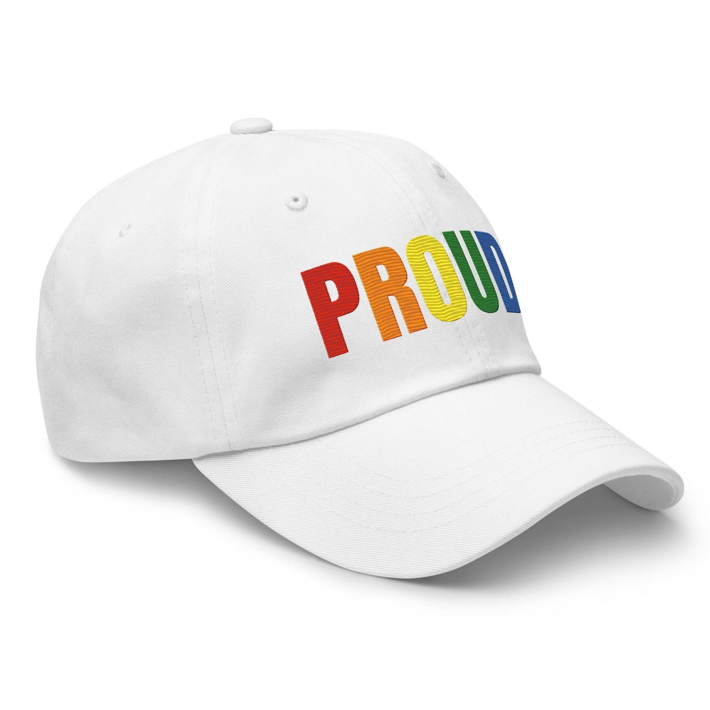 Check out the Proud. Cap by Pridelity—it's a stylish black cap featuring "PROUD." embroidered in vibrant rainbow colors, making it an ideal accessory to enhance any pride outfit.