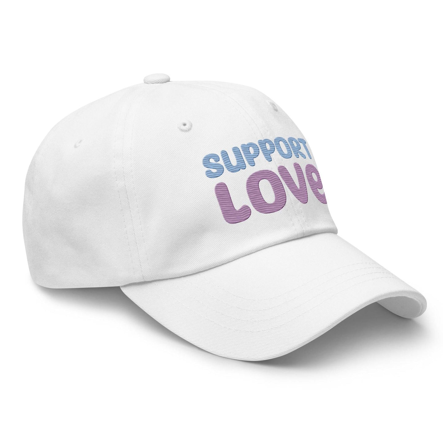 Discover the "Support Love Cap" by Pridelity, a black cap ideal for pride outfits, featuring the phrase "Support Love" embroidered on the front in light blue and pink letters.