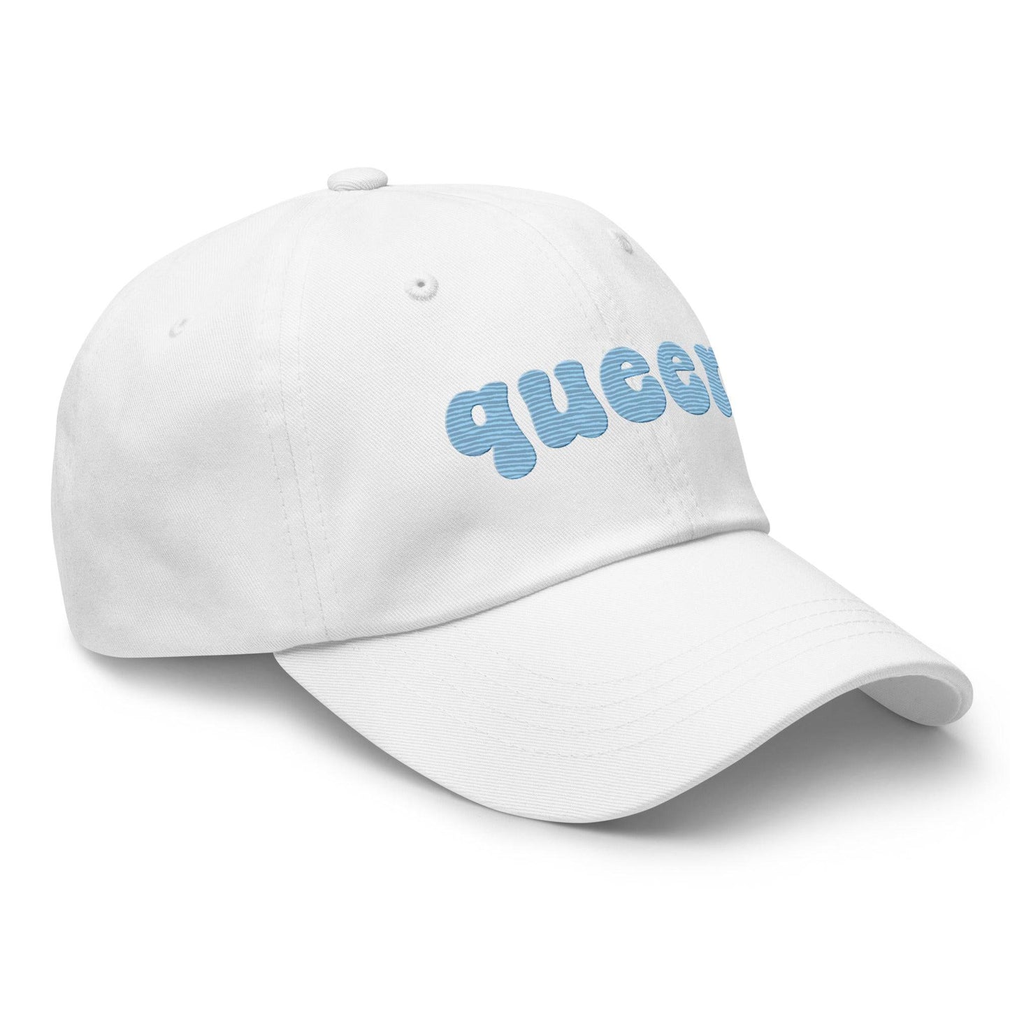 Introducing the Queer Cap by Pridelity, a black baseball cap with "queer" elegantly embroidered in light blue bold, rounded letters on the front. Perfect for pride outfits, it features a curved brim and top ventilation eyelets for added comfort.