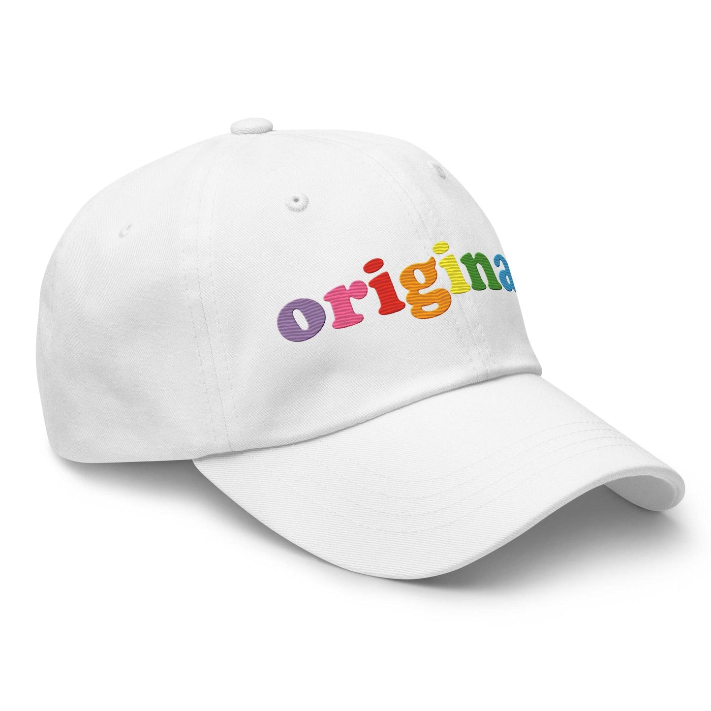 Black baseball cap by Pridelity, featuring the word "Original" embroidered in a vibrant rainbow gradient, perfect for pride outfits.