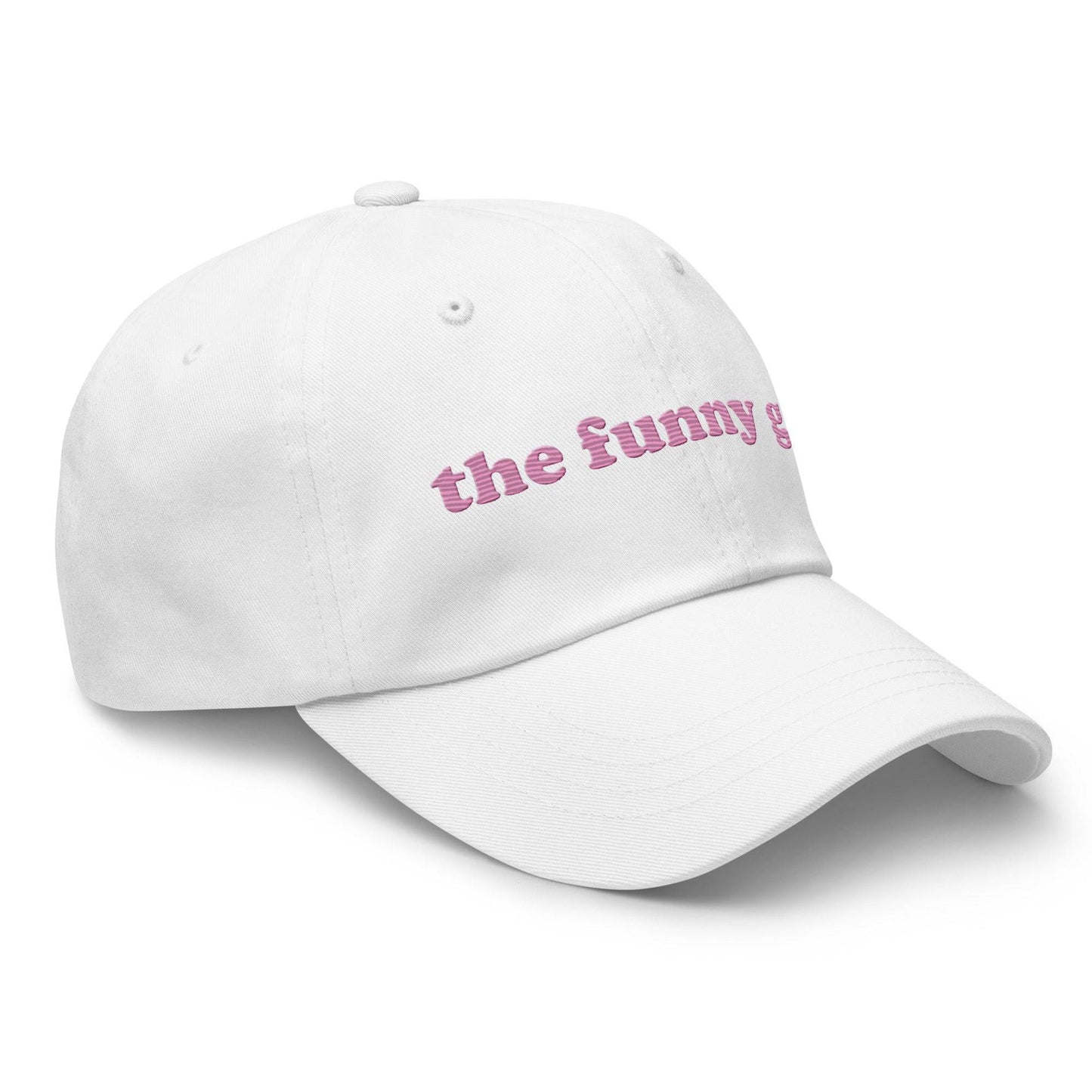 Introducing "The Funny Gay Cap" by Pridelity, a white cap featuring pink embroidered text that reads "the funny gay," ideal for adding a playful flair to your pride ensembles.