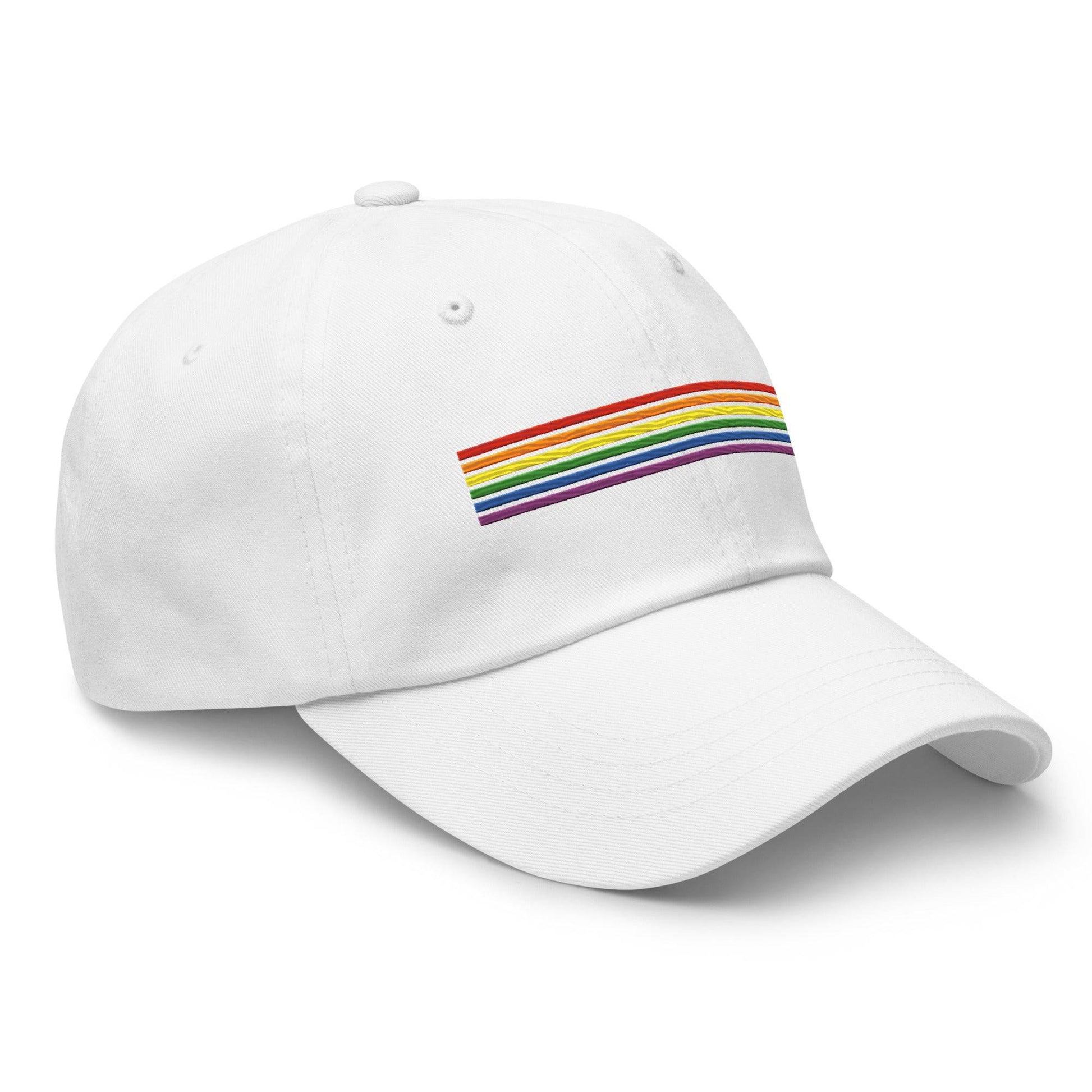 Introducing the Rainbow Stripes Cap by Pridelity: a black baseball cap adorned with a horizontal rainbow stripe, perfect for pride outfits. The vibrant colors pop against the dark fabric, making it a standout piece. Set against a white background, this cap is the ideal accessory to celebrate inclusivity and style.