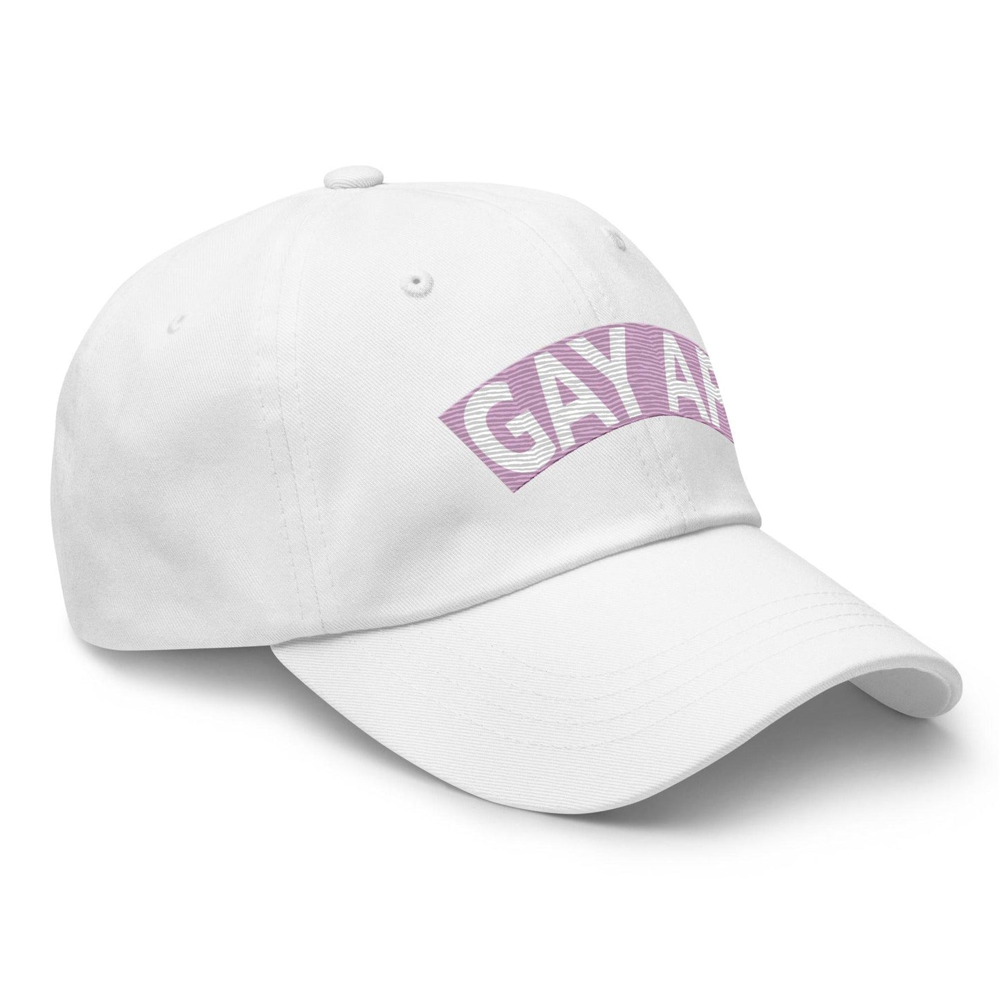 Introducing the Gay AF Cap by Pridelity: a stylish black cap that features "GAY AF" embroidered in white on a pink and white striped background, making it the perfect accessory to complement pride outfits.