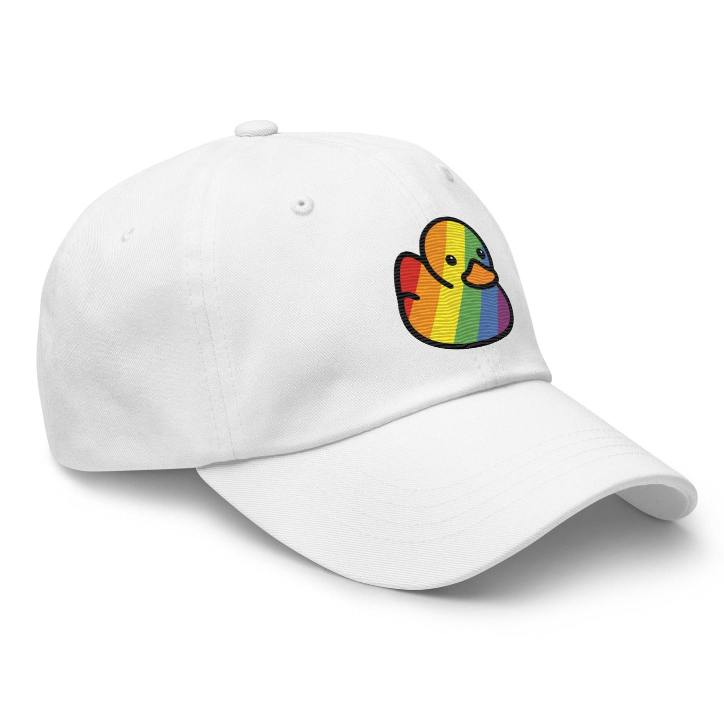 Introducing the Pride Duck Cap by Pridelity: a stylish black baseball cap adorned with an embroidered rainbow-patterned rubber duck, making it an ideal accessory for pride outfits. The vibrant design stands out beautifully against the solid black fabric, perfectly positioned at the center front of the cap.