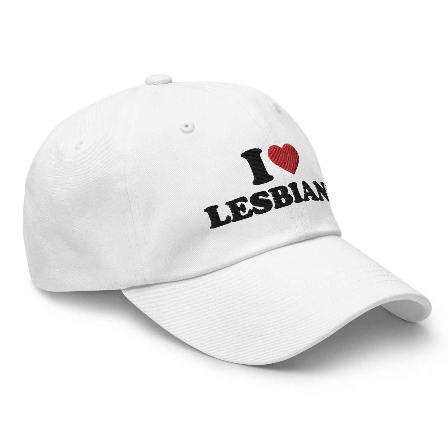 A pink "I Love Lesbians" cap by Pridelity, ideal for complementing your pride outfits.