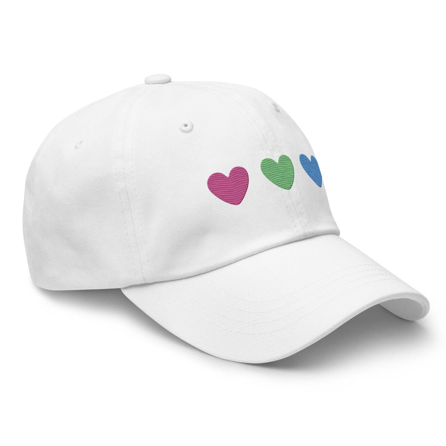 The Polysexual Hearts Cap by Pridelity is a black baseball cap ideal for pride outfits, featuring three embroidered hearts in pink, green, and blue arranged in a row on the front.