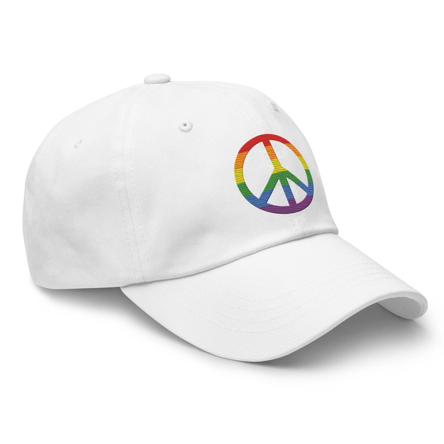 The "Peace Cap" by Pridelity is a black baseball cap ideal for pride outfits, featuring a rainbow-colored peace sign on the front.