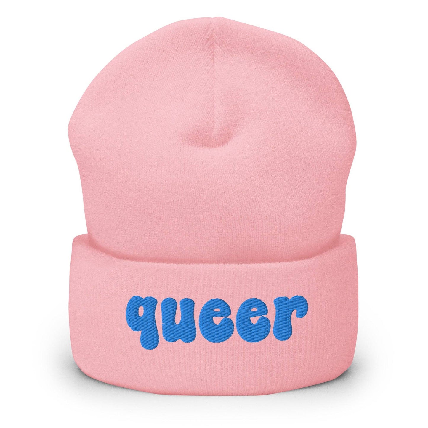 The Queer Beanie by Pridelity, in a delightful baby pink with the word "queer" emblazoned in playful blue bold letters on the front, is a standout piece of gay clothing.
