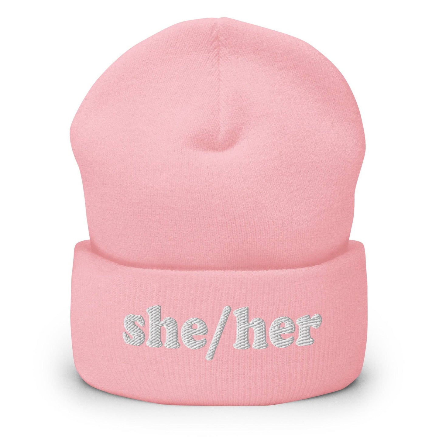 The She/Her Beanie by Pridelity, ideal for those seeking gay clothing options, is a heather grey knit beanie with the pronouns "she/her" beautifully embroidered in white on the front.