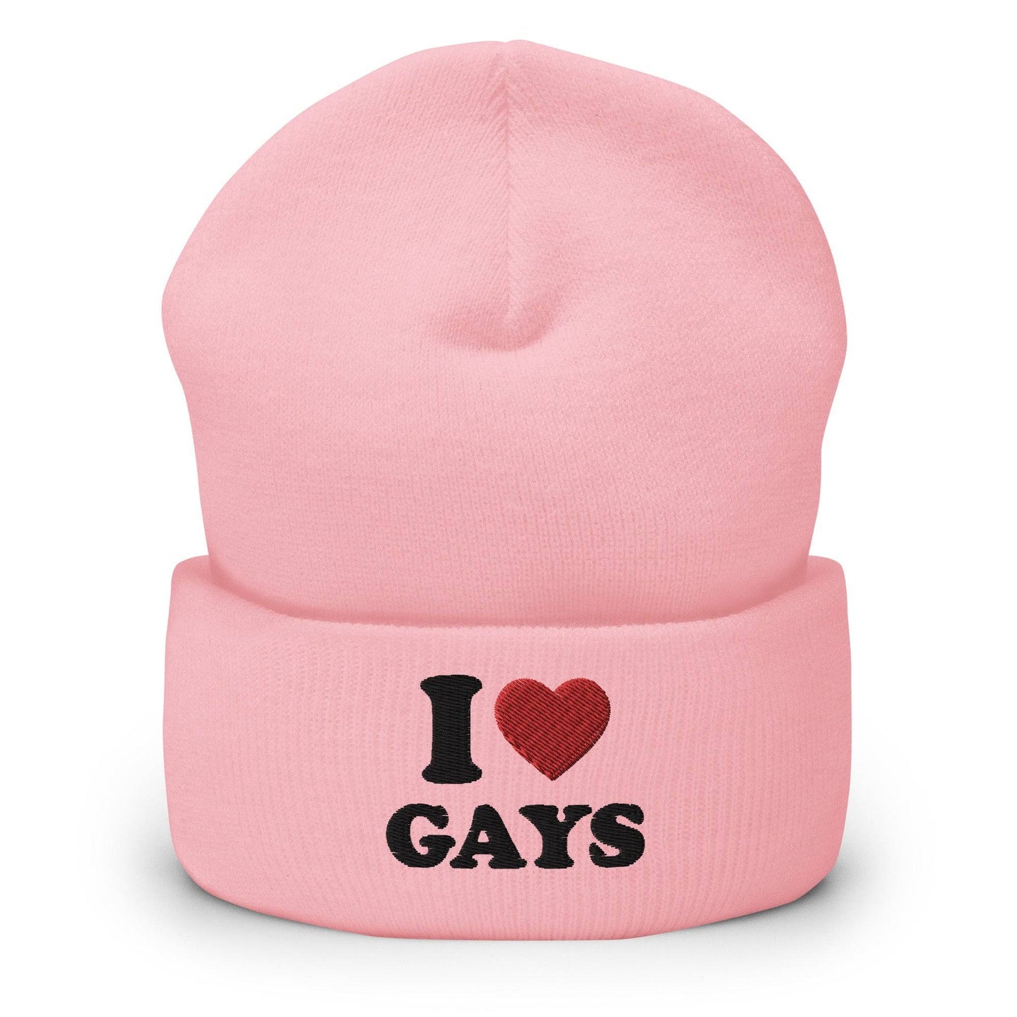 The I Love Gays Beanie by Pridelity embodies pride in LGBTQ+ fashion with its sleek black text "I ♥ GAYS" and a vibrantly red heart, set against a white background to create a bold statement piece.