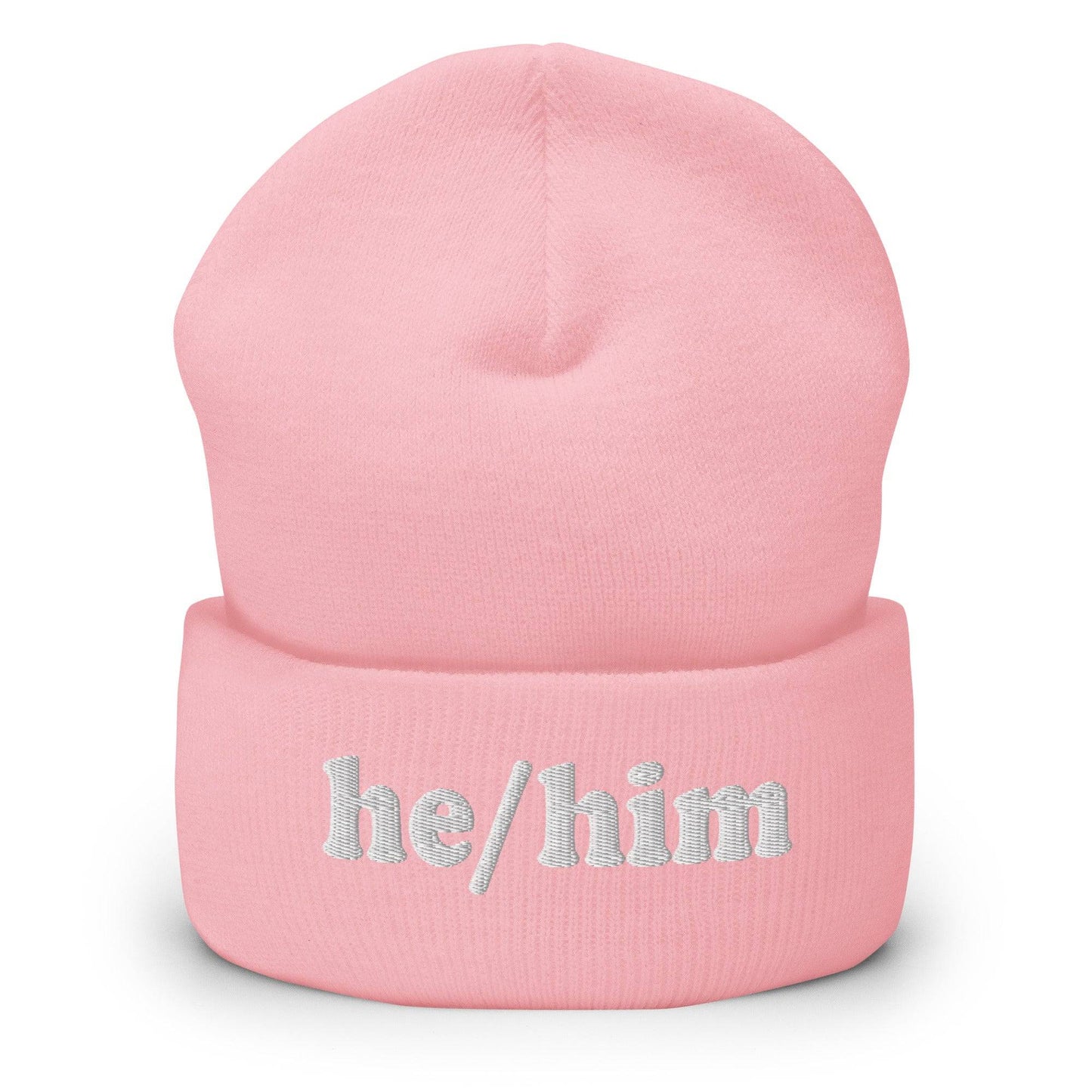 The He/Him Beanie by Pridelity, in a Heather Grey color, showcases "he/him" embroidered in white on the front, making it an ideal choice for those looking for understated yet meaningful LGBTQ+ apparel.