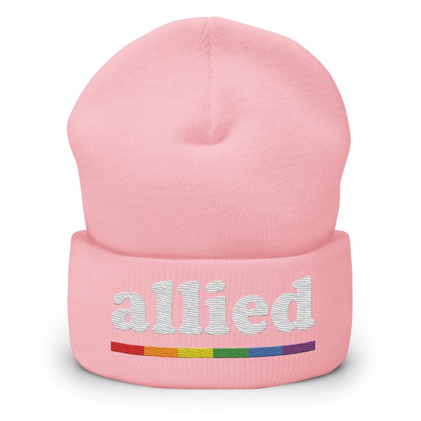 Introducing the Allied Beanie from Pridelity: This striking black beanie features the word "allied" embroidered in white, with a small rainbow-colored line below to celebrate Pride. It's crafted from textured fabric and has a folded bottom, making it an essential standout in any Pride Merch collection.