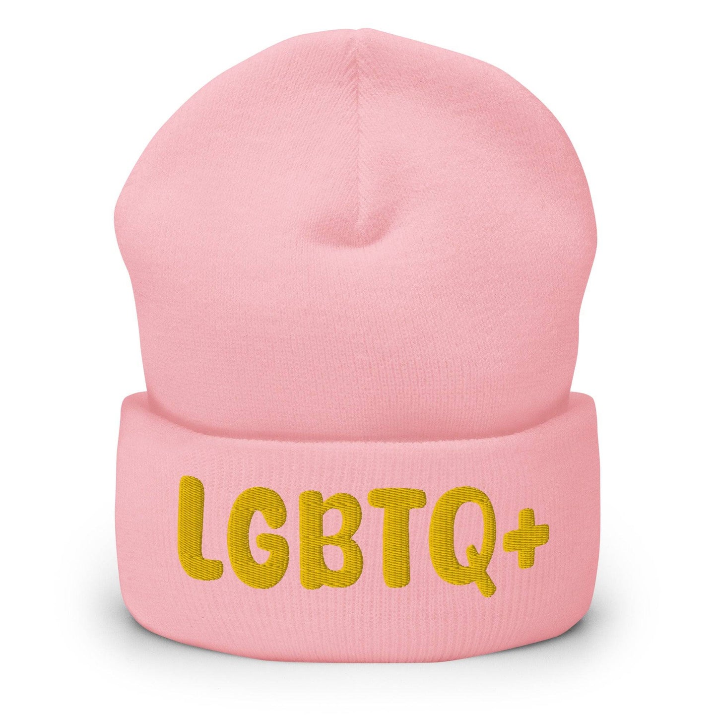 Pridelity's LGBTQ+ Beanie in red features "LGBTQ+" in yellow letters on the front, making it an ideal choice for those embracing gay clothing styles.