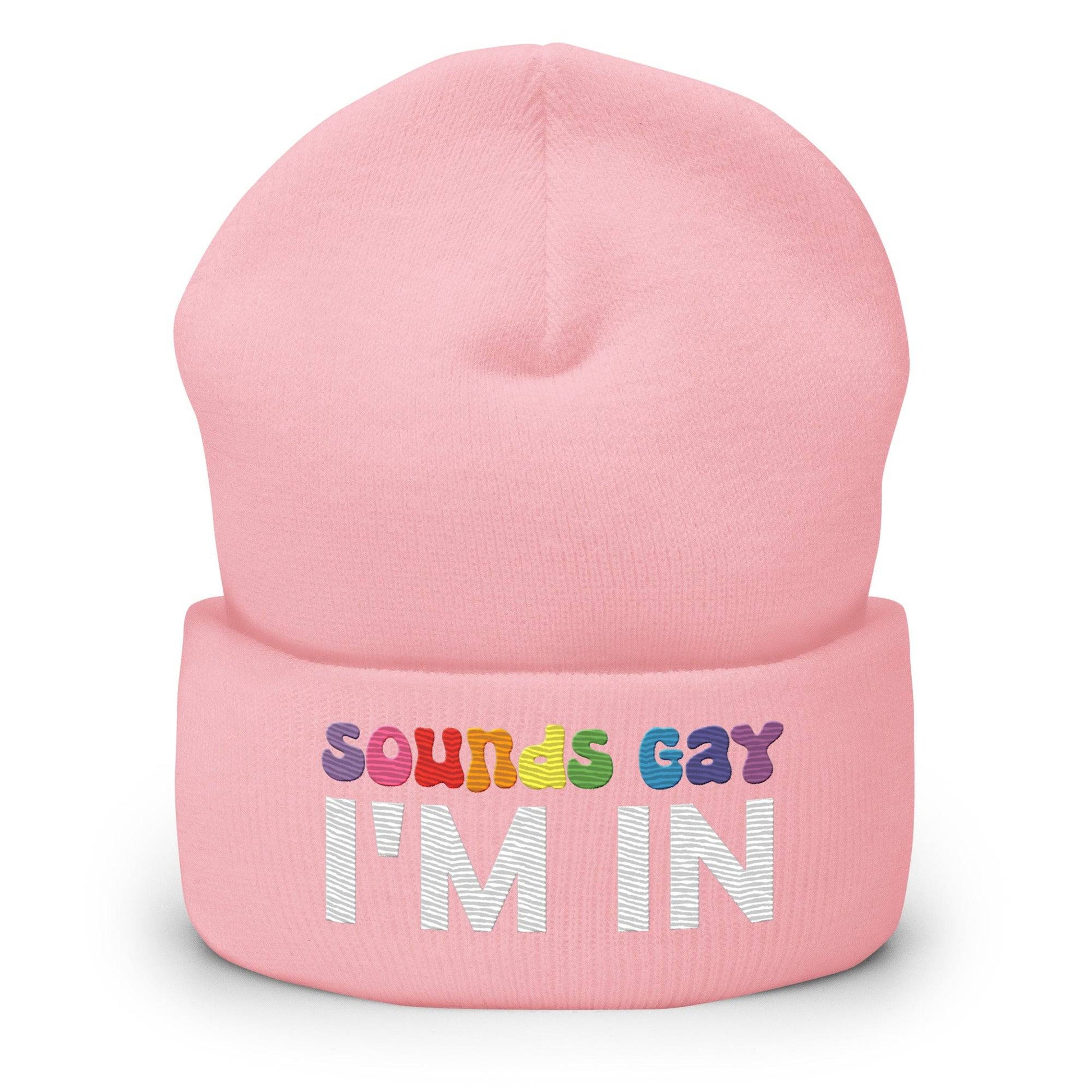 The Sounds Gay Beanie by Pridelity, with its bold lettering proclaiming "Sounds Gay I'm In," enhances any ensemble with a sleek black design, proudly celebrating gay fashion.