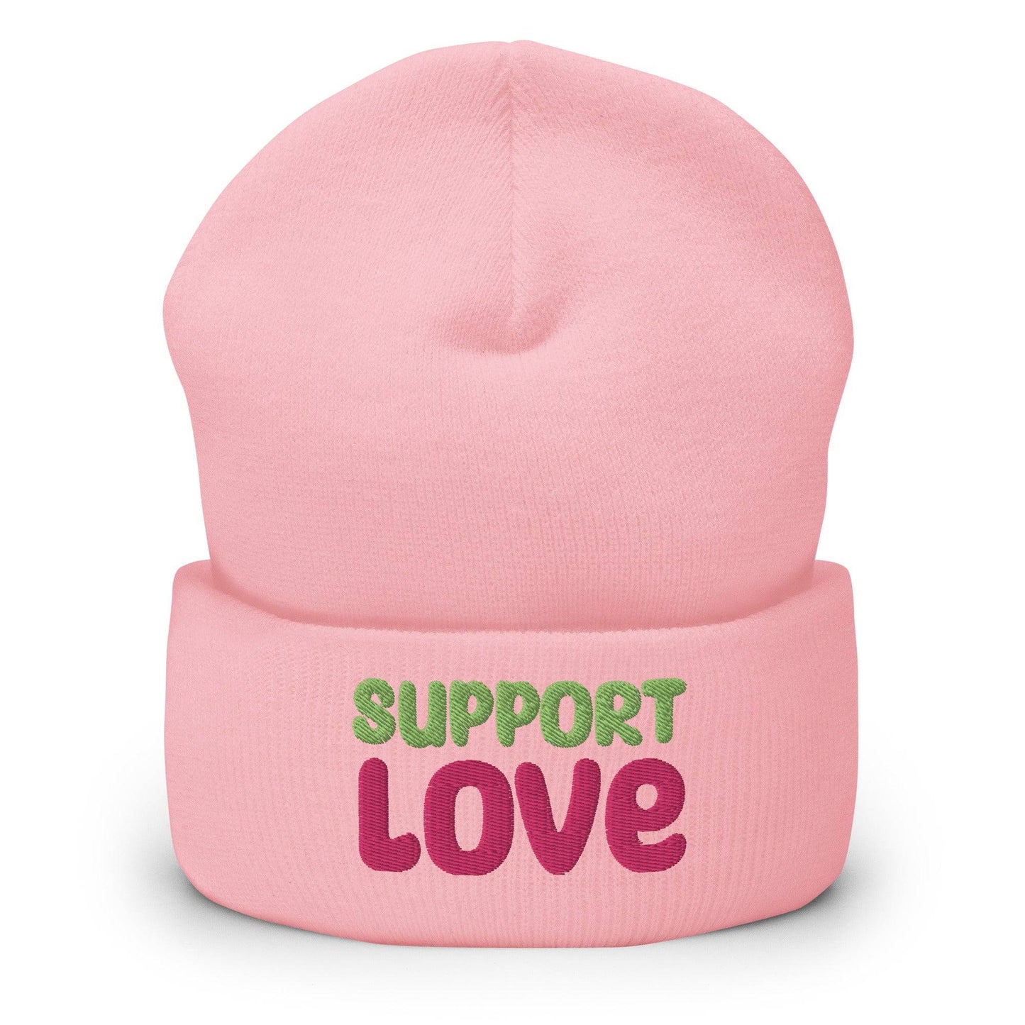 Introducing the Support Love Beanie by Pridelity, a standout piece from our gay clothing line. This white beanie features "SUPPORT LOVE" embroidered in eye-catching colors— "SUPPORT" in vibrant green and "LOVE" in bold pink—beautifully expressing positivity and solidarity.