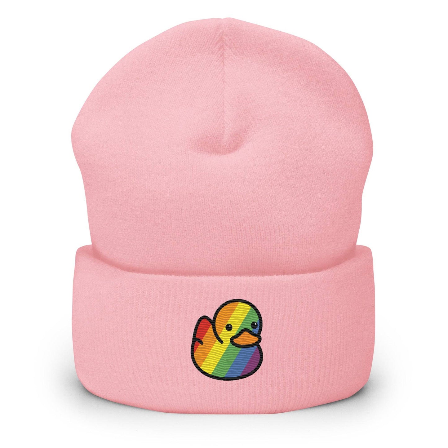 The Pride Duck Beanie by Pridelity, a striking piece of gay clothing, showcases an embroidered rubber duck with a rainbow pattern on its body, located on the cuff. This gold beanie features a folded brim and a rounded top.