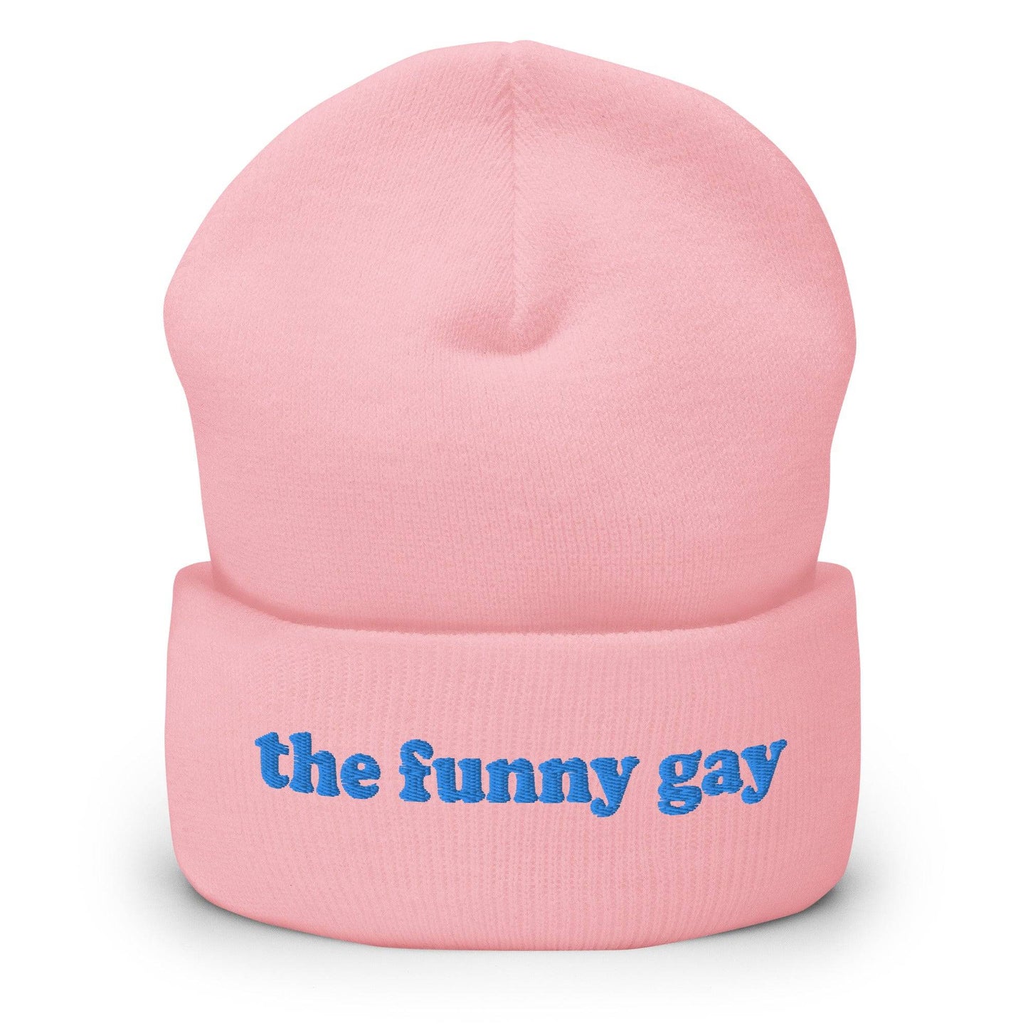 The Pridelity "The Funny Gay Beanie" in royal blue features the embroidered text "the funny gay" in light blue on the front cuff, providing a playful nod to gay fashion.