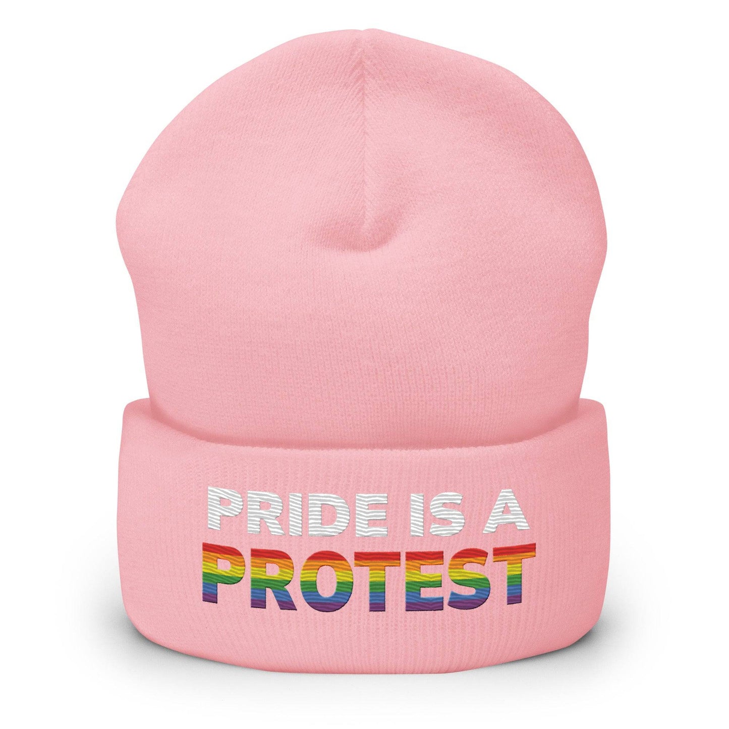 This bold statement piece from Pridelity, the "Pride is a Protest Beanie," features "PRIDE IS A PROTEST" in striking white and rainbow-colored letters on a black background, making it a powerful addition to any gay clothing collection.
