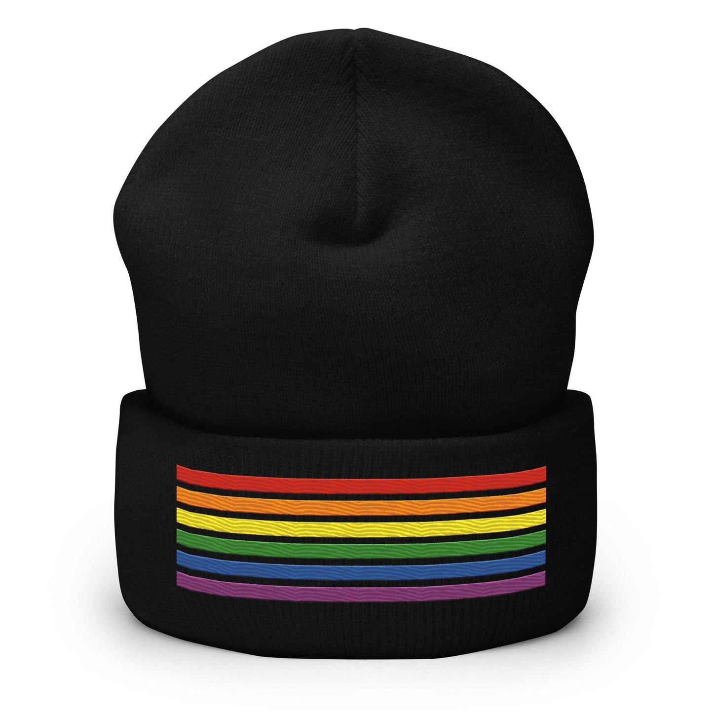 Introducing the Rainbow Beanie from Pridelity, a highlight in gay clothing that features vivid horizontal stripes in red, orange, yellow, green, blue, and purple on a white background.