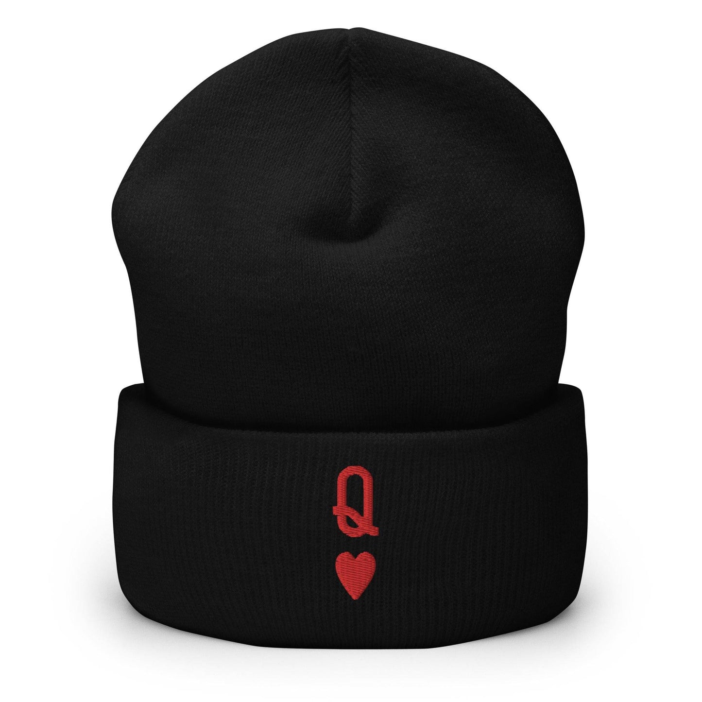 Introducing the Queen Beanie by Pridelity – a stylish white beanie with a chic red embroidered "Q" above a heart symbol on the front, perfect for enhancing any collection of gay clothing.