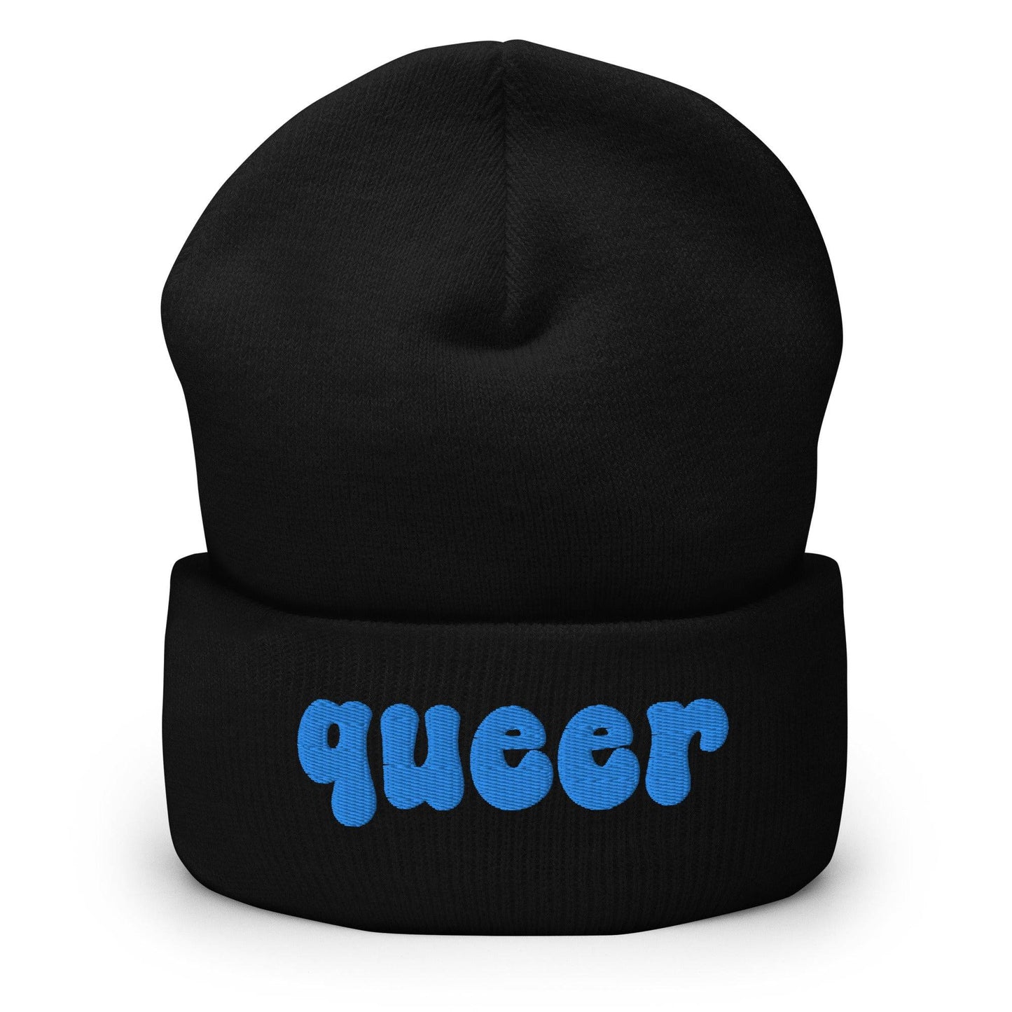 The Queer Beanie by Pridelity, in a delightful baby pink with the word "queer" emblazoned in playful blue bold letters on the front, is a standout piece of gay clothing.