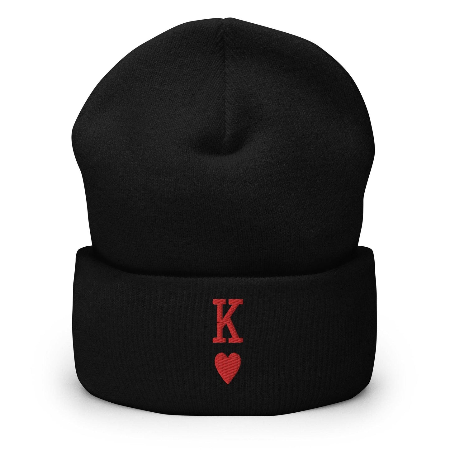 The King Beanie by Pridelity is a white beanie adorned with a red "K" and heart symbol on its folded edge, perfect for individuals expressing their identity through stylish gay clothing.
