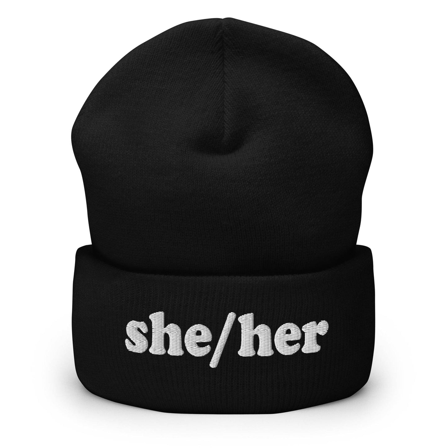 The She/Her Beanie by Pridelity, ideal for those seeking gay clothing options, is a heather grey knit beanie with the pronouns "she/her" beautifully embroidered in white on the front.