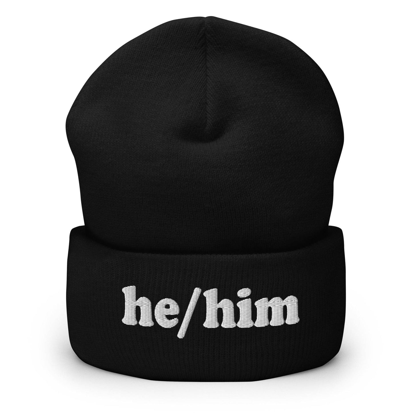 The He/Him Beanie by Pridelity, in a Heather Grey color, showcases "he/him" embroidered in white on the front, making it an ideal choice for those looking for understated yet meaningful LGBTQ+ apparel.