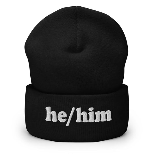 The He/Him Beanie by Pridelity, in a Heather Grey color, showcases "he/him" embroidered in white on the front, making it an ideal choice for those looking for understated yet meaningful LGBTQ+ apparel.