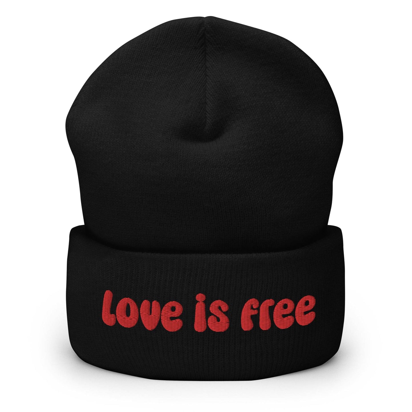 The Love Is Free Beanie by Pridelity is a baby pink accessory that boldly features the phrase "Love is free" in red on the front cuff, making it a perfect and stylish addition to any gay clothing collection for those embracing their authentic selves.